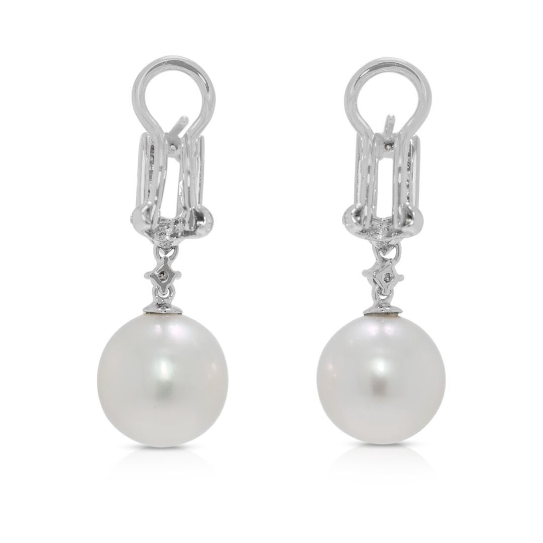 Lustrous 0.32ct Natural Diamond & Akoya Pearl Drop Earrings in 18K White Gold