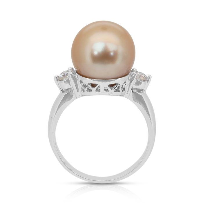 Lustrous 10.28ct South Sea Salt Water Pearl and Diamonds 3-Stone Ring in 18k White Gold - IGI Certified