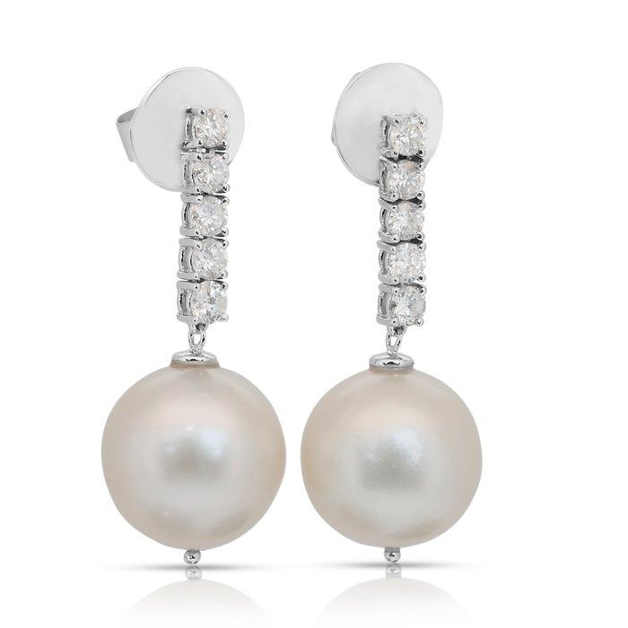 Lustrous 11.18ct South Sea Cultured Pearls and Diamonds Drop Earrings in 18k White Gold - IGI Certified