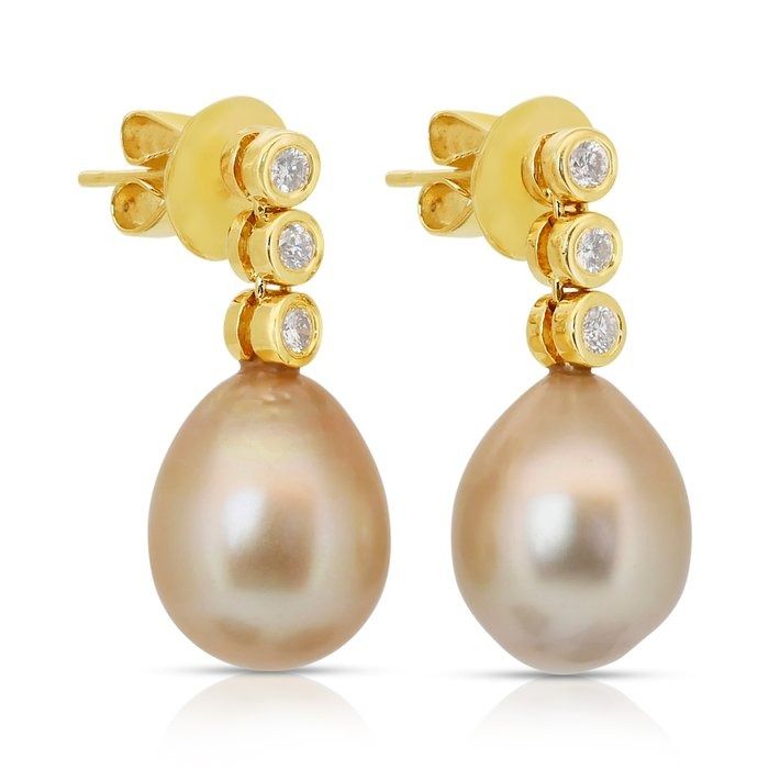 Lustrous 11.48ct Salt Water Pearls and Diamonds Drop Earrings in 18k Yellow Gold - IGI Certified