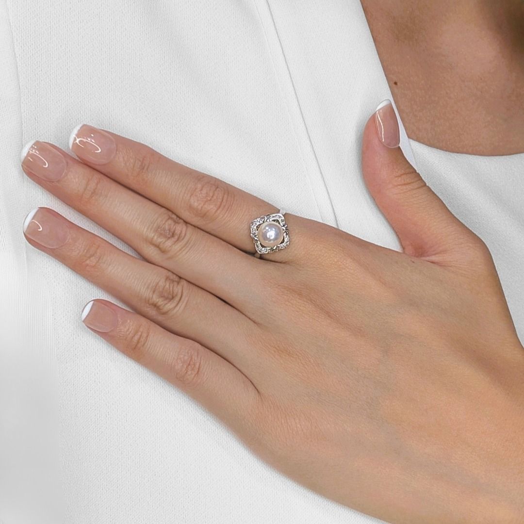 Lustrous 8.2mm Akoya Pearl & 0.12ct Natural Diamond Ring in 18K White Gold (New)