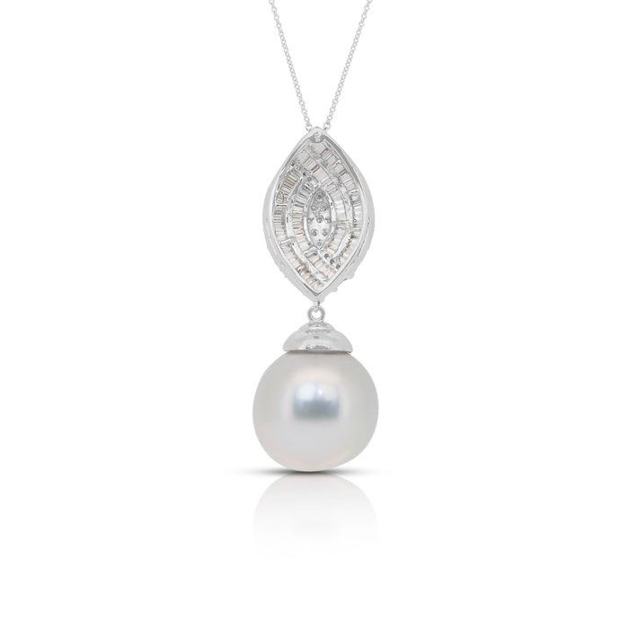 Lustrous 9.20ct Salt Water Pearl and Diamonds Drop Necklace in 18k White Gold - IGI Certified