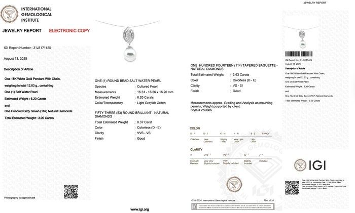 Lustrous 9.20ct Salt Water Pearl and Diamonds Drop Necklace in 18k White Gold - IGI Certified