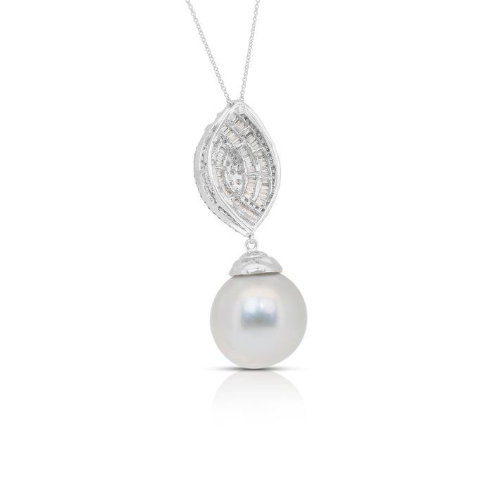 Lustrous 9.20ct Salt Water Pearl and Diamonds Drop Necklace in 18k White Gold - IGI Certified