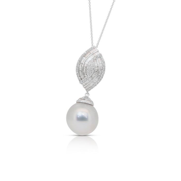 Lustrous 9.20ct Salt Water Pearl and Diamonds Drop Necklace in 18k White Gold - IGI Certified