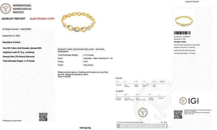 Luxurious 2.16ct Diamonds Bracelet in 20k Yellow Gold - IGI Certified