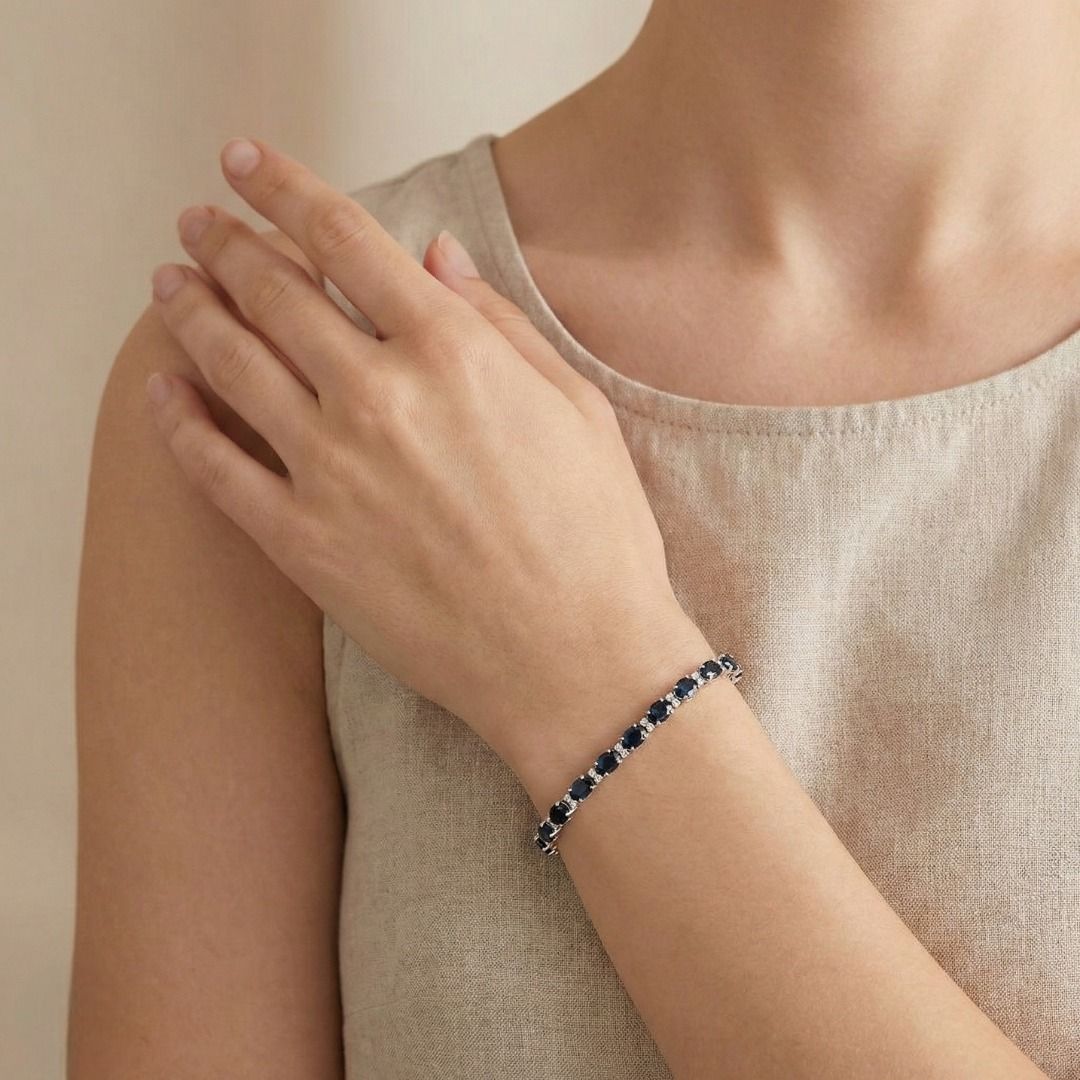 Luxurious 3.02ct Blue Sapphire and Natural Diamond Station Bracelet in 18K White Gold