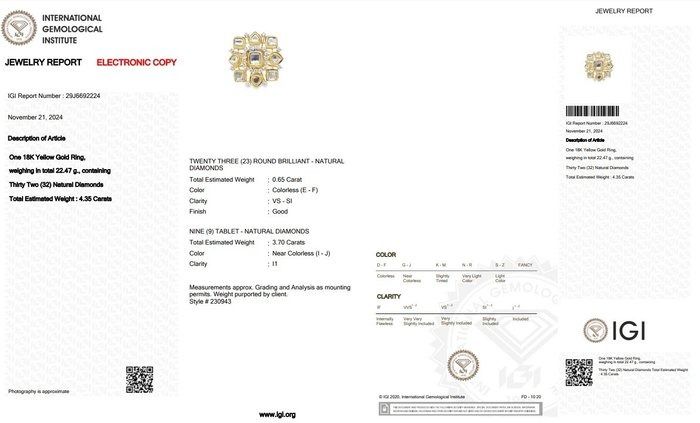 Luxurious 4.35ct Diamonds Cocktail Ring in 18k Yellow Gold - IGI Certified