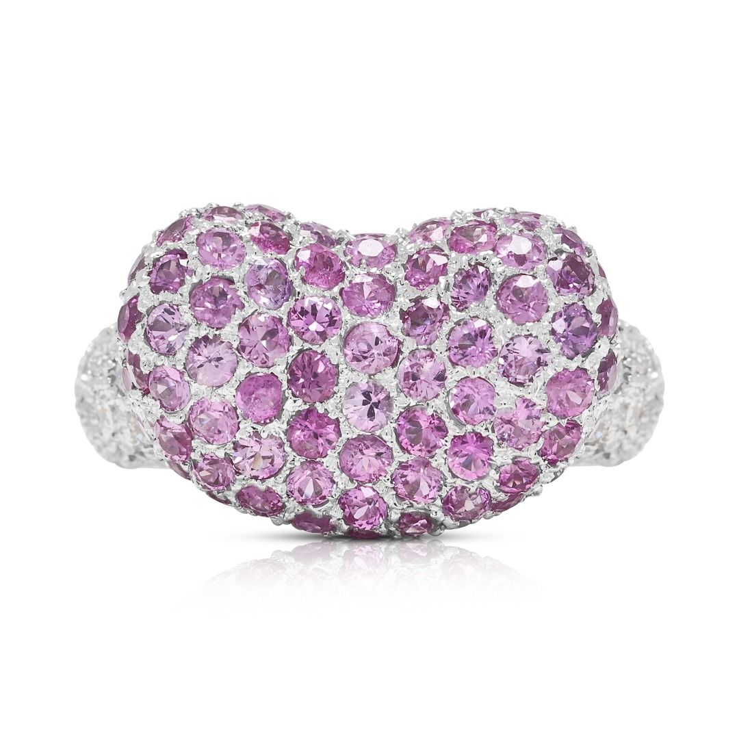 Luxuriöser 4,87ct Pinker Saphir mit 0,850ct Diamanten Pave Herz Statement Ring in 18K Weißgold