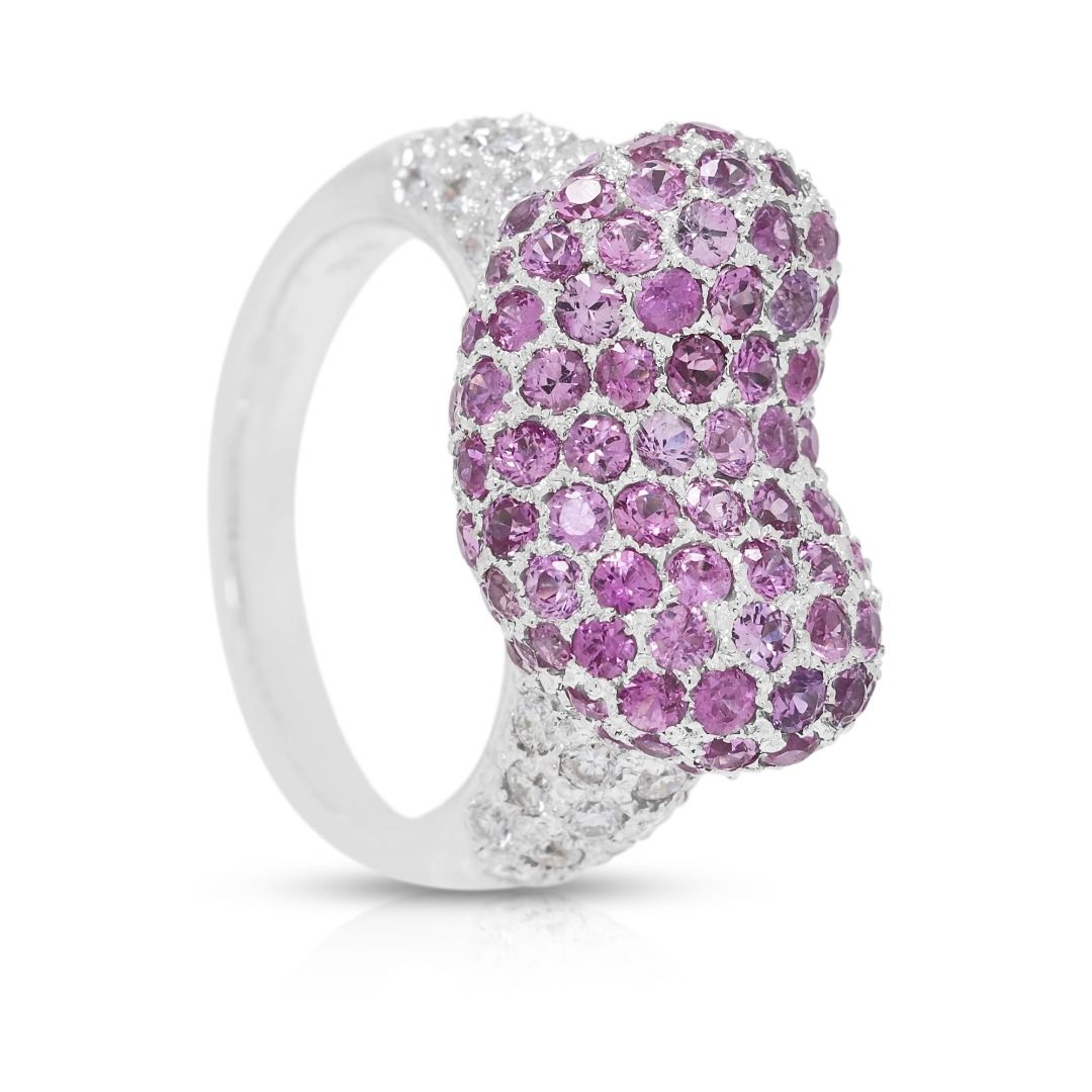 Luxuriöser 4,87ct Pinker Saphir mit 0,850ct Diamanten Pave Herz Statement Ring in 18K Weißgold