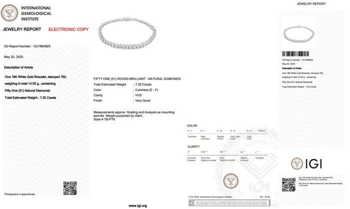 Luxurious 7.35ct Diamonds Tennis Bracelet in 18k White Gold - IGI Certified