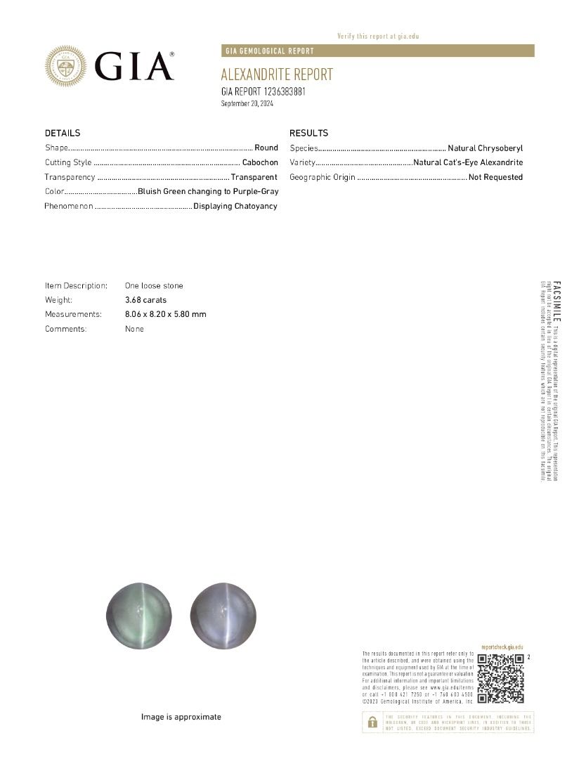 Magical 3.68ct GIA Certified Natural Chrysoberyl Round Cabochon Gemstone - GIA Certified
