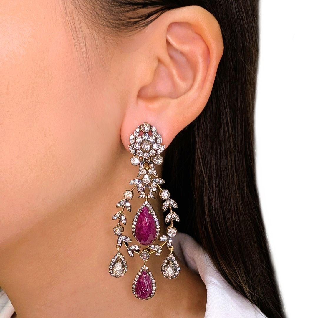 Magnificent 11.62ct Ruby and Champagne Diamond Chandelier Earrings in 18k Two-Toned Gold