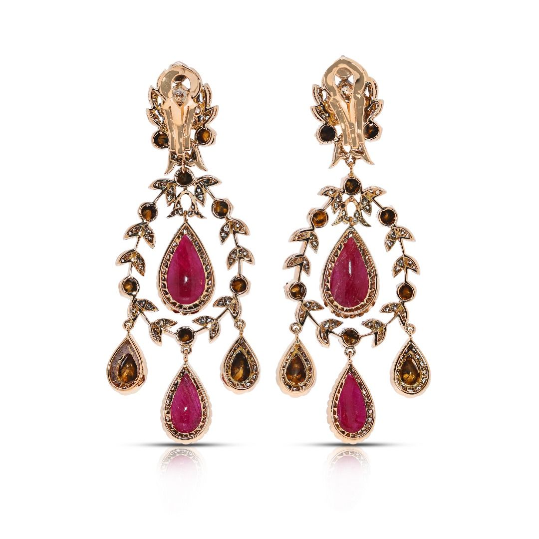 Magnificent 11.62ct Ruby and Champagne Diamond Chandelier Earrings in 18k Two-Toned Gold