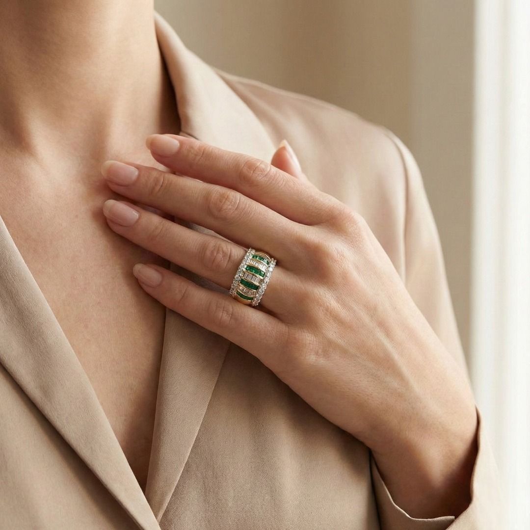 Magnificent 1.26ct Natural Emerald and Diamond Band in 18K Yellow Gold