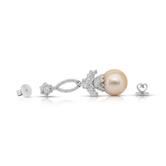 Magnificent 32.09ct Salt Water Pearl and Diamonds Drop Earrings in 14k White Gold - IGI Certified