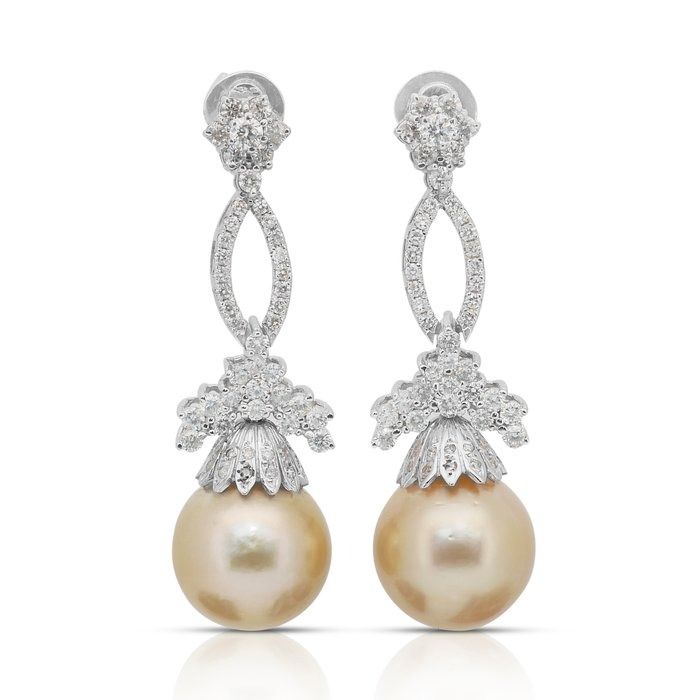 Magnificent 32.09ct Salt Water Pearl and Diamonds Drop Earrings in 14k White Gold - IGI Certified