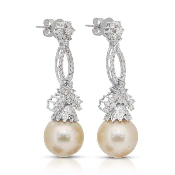 Magnificent 32.09ct Salt Water Pearl and Diamonds Drop Earrings in 14k White Gold - IGI Certified