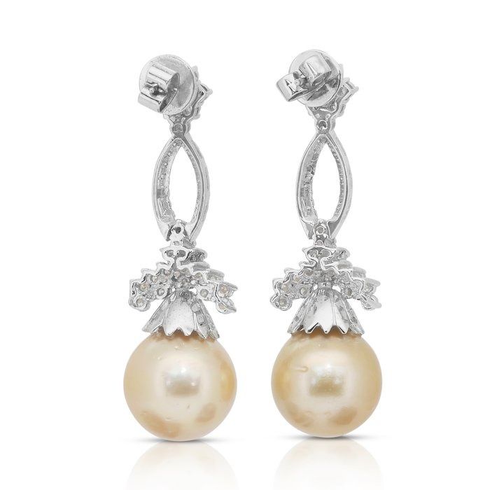 Magnificent 32.09ct Salt Water Pearl and Diamonds Drop Earrings in 14k White Gold - IGI Certified