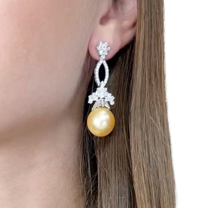 Magnificent 32.09ct Salt Water Pearl and Diamonds Drop Earrings in 14k White Gold - IGI Certified