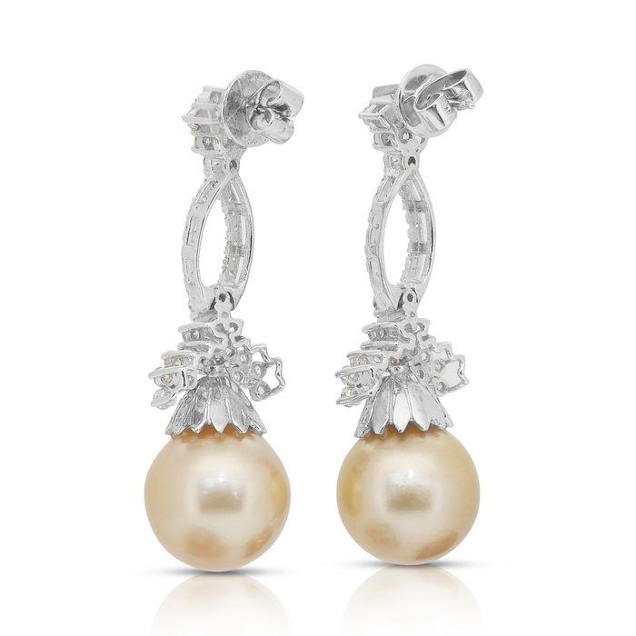 Magnificent 32.09ct Salt Water Pearl and Diamonds Drop Earrings in 14k White Gold - IGI Certified
