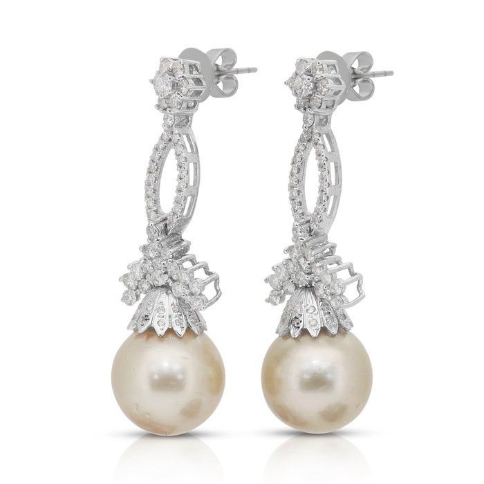 Magnificent 32.09ct Salt Water Pearl and Diamonds Drop Earrings in 14k White Gold - IGI Certified
