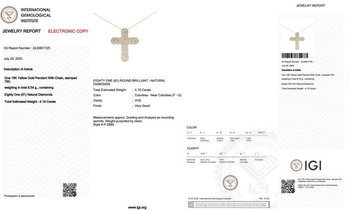 Magnificent 4.16ct Diamonds Necklace with Cross Pendant in 18k Yellow Gold - IGI Certified