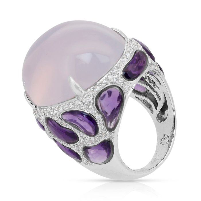 Magnificent 42.66ct Chalcedony, Amethysts, and Diamonds Cocktail Ring in 18k White Gold - IGI Certified