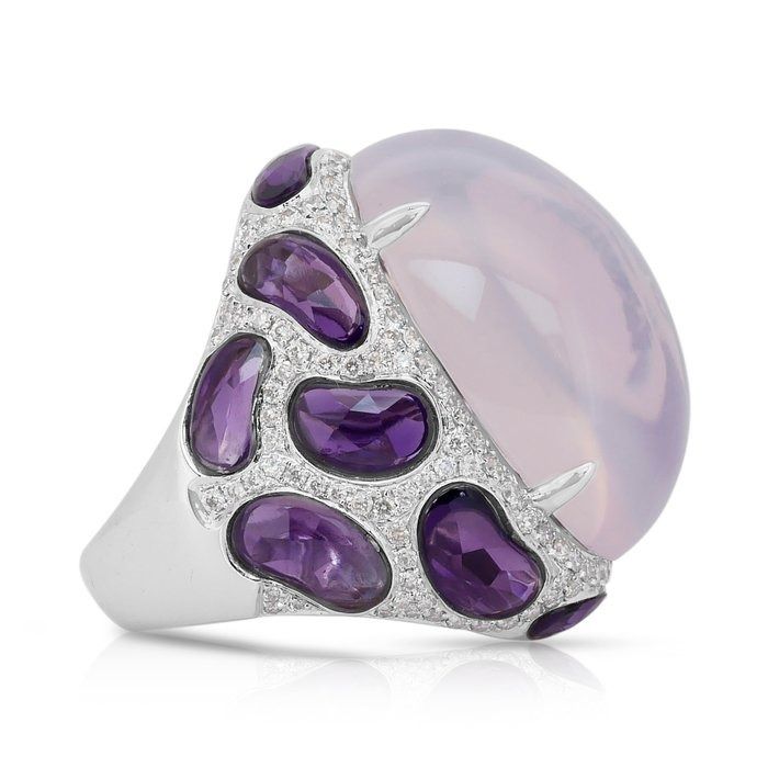 Magnificent 42.66ct Chalcedony, Amethysts, and Diamonds Cocktail Ring in 18k White Gold - IGI Certified