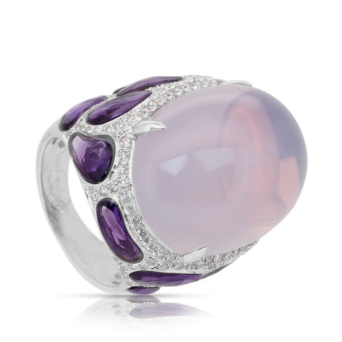 Magnificent 42.66ct Chalcedony, Amethysts, and Diamonds Cocktail Ring in 18k White Gold - IGI Certified