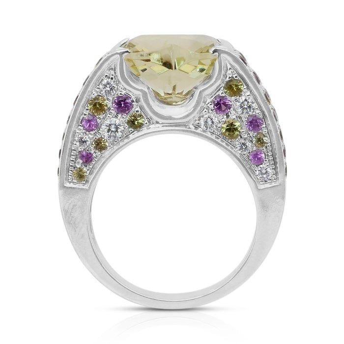Magnificent 6.60ct Citrine, Sapphires, and Diamonds Cocktail Ring in 18k White Gold - IGI Certified