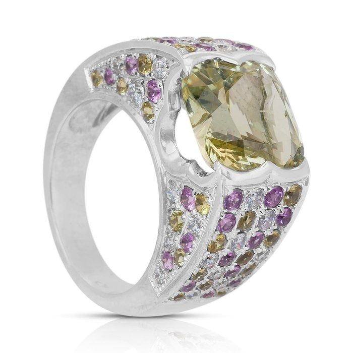 Magnificent 6.60ct Citrine, Sapphires, and Diamonds Cocktail Ring in 18k White Gold - IGI Certified