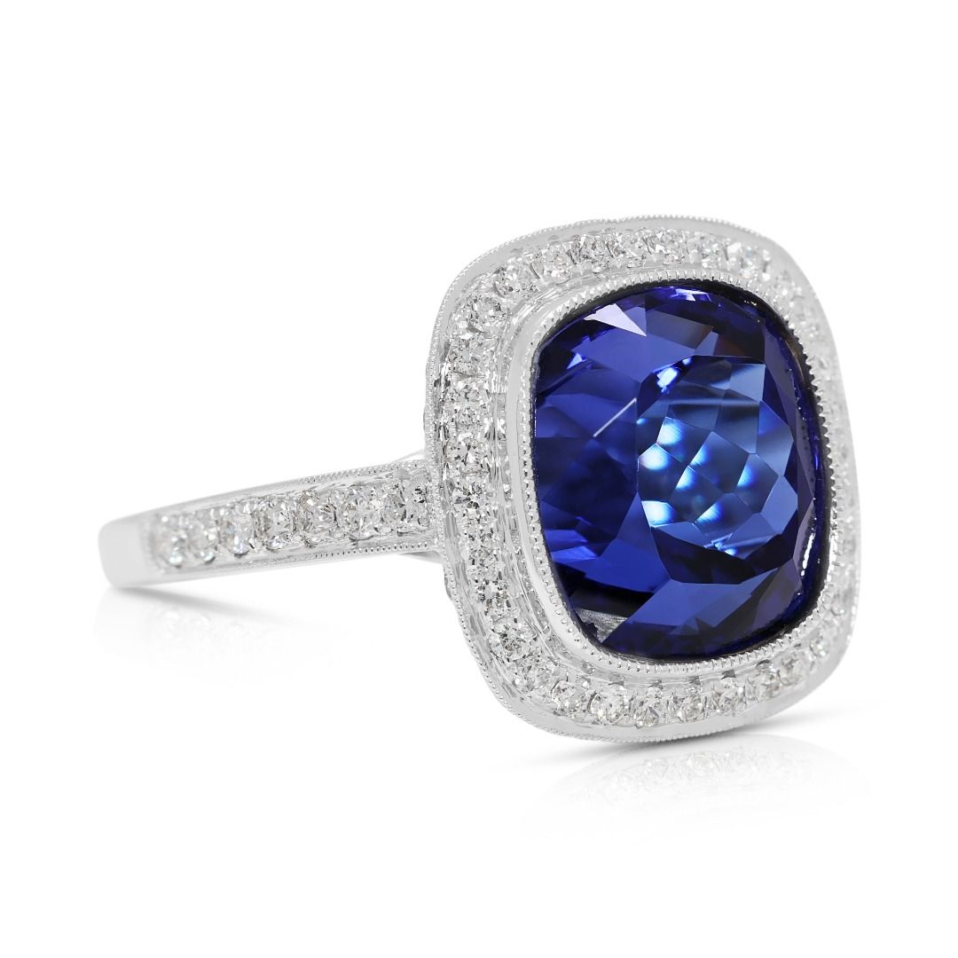 Majestic 12.57ct Tanzanite and Diamond Halo Statement Ring in 18k White Gold - NGI Certified