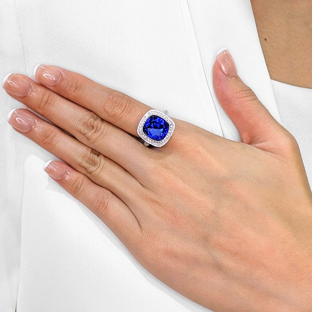 Majestic 12.57ct Tanzanite and Diamond Halo Statement Ring in 18k White Gold - NGI Certified