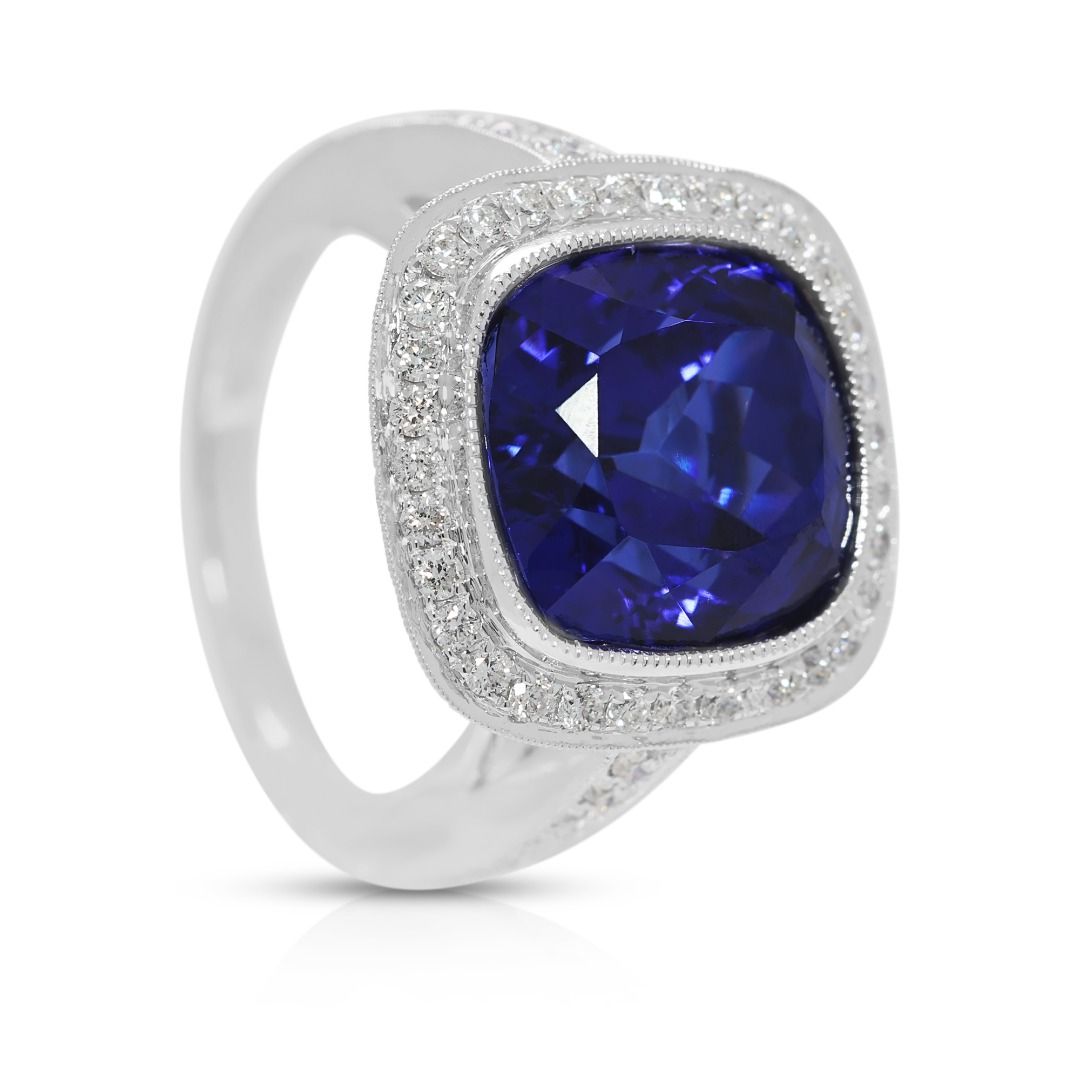 Majestic 12.57ct Tanzanite and Diamond Halo Statement Ring in 18k White Gold - NGI Certified