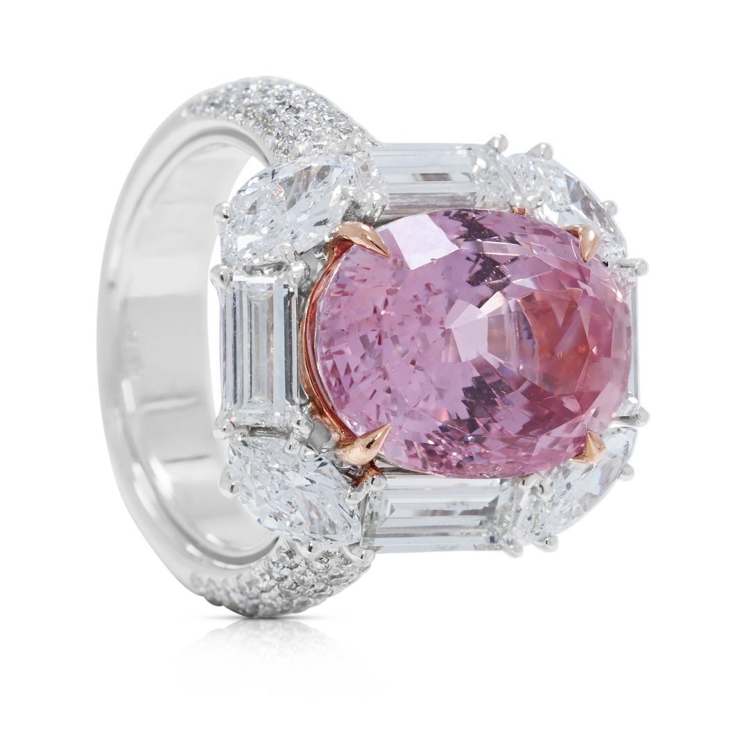 Majestic 12.75ct Natural Padparadscha Sapphire and Diamond 18k White Gold Statement Ring - GRS Certified