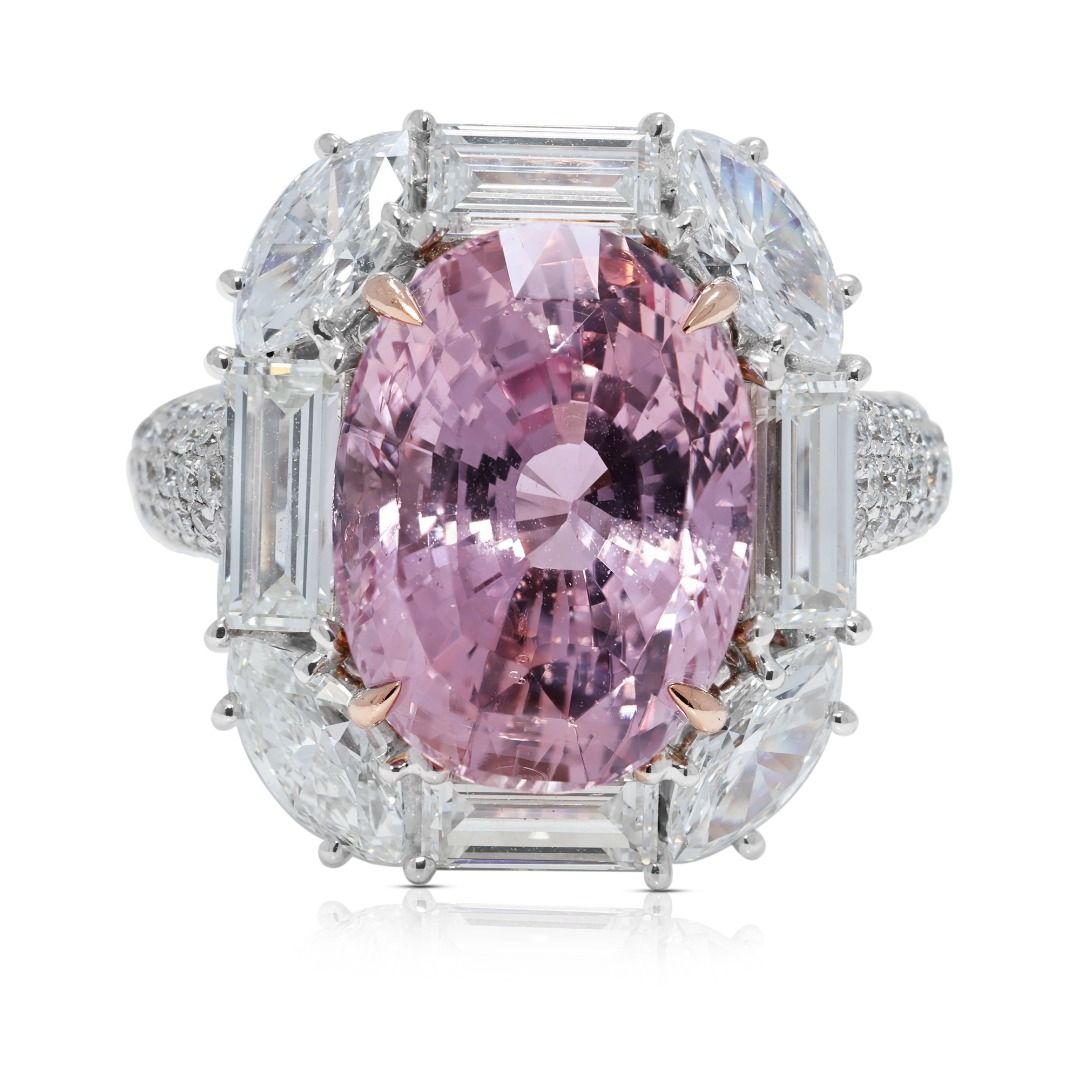 Majestic 12.75ct Natural Padparadscha Sapphire and Diamond 18k White Gold Statement Ring - GRS Certified