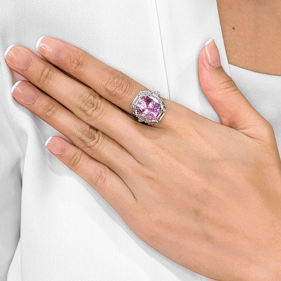 Majestic 12.75ct Natural Padparadscha Sapphire and Diamond 18k White Gold Statement Ring - GRS Certified