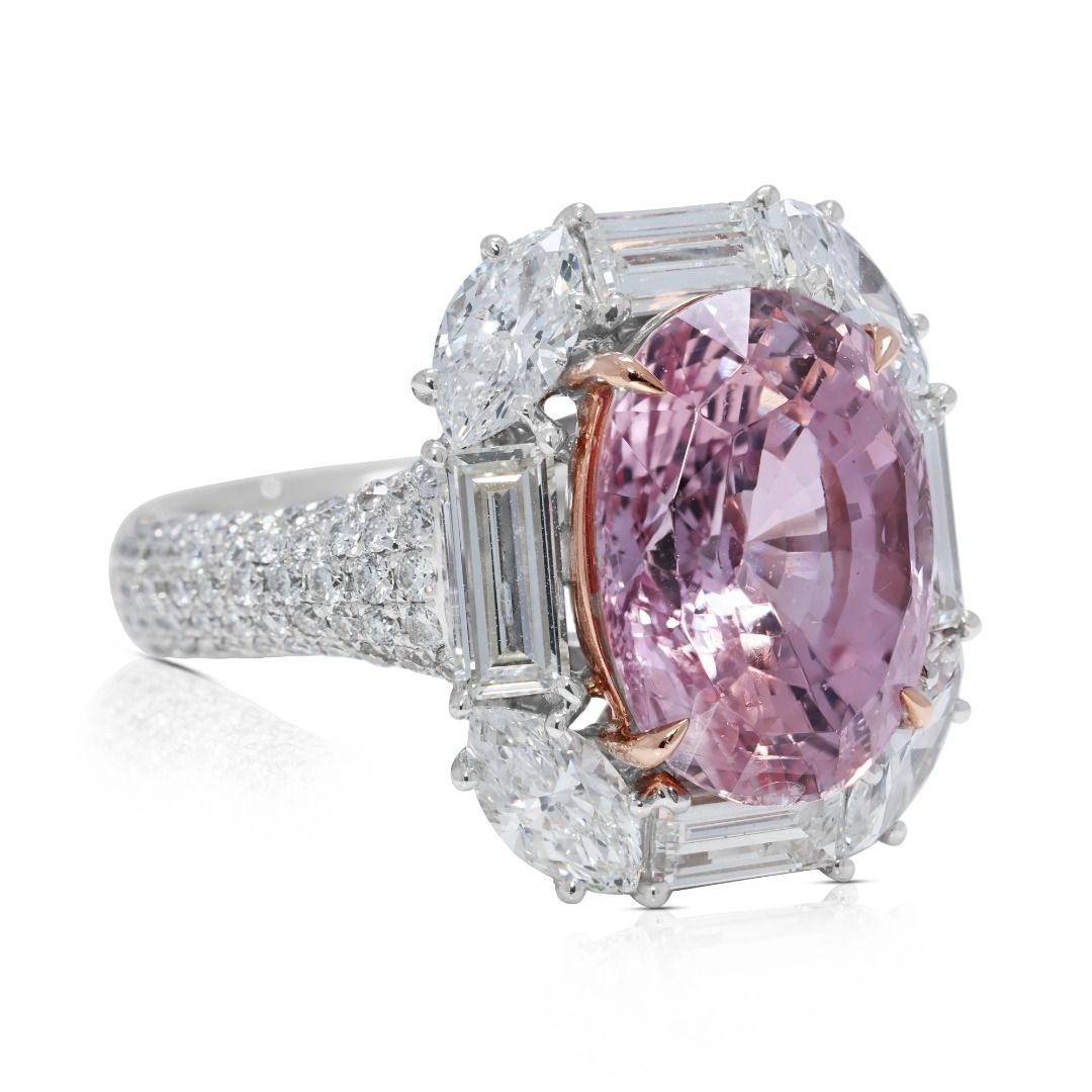 Majestic 12.75ct Natural Padparadscha Sapphire and Diamond 18k White Gold Statement Ring - GRS Certified