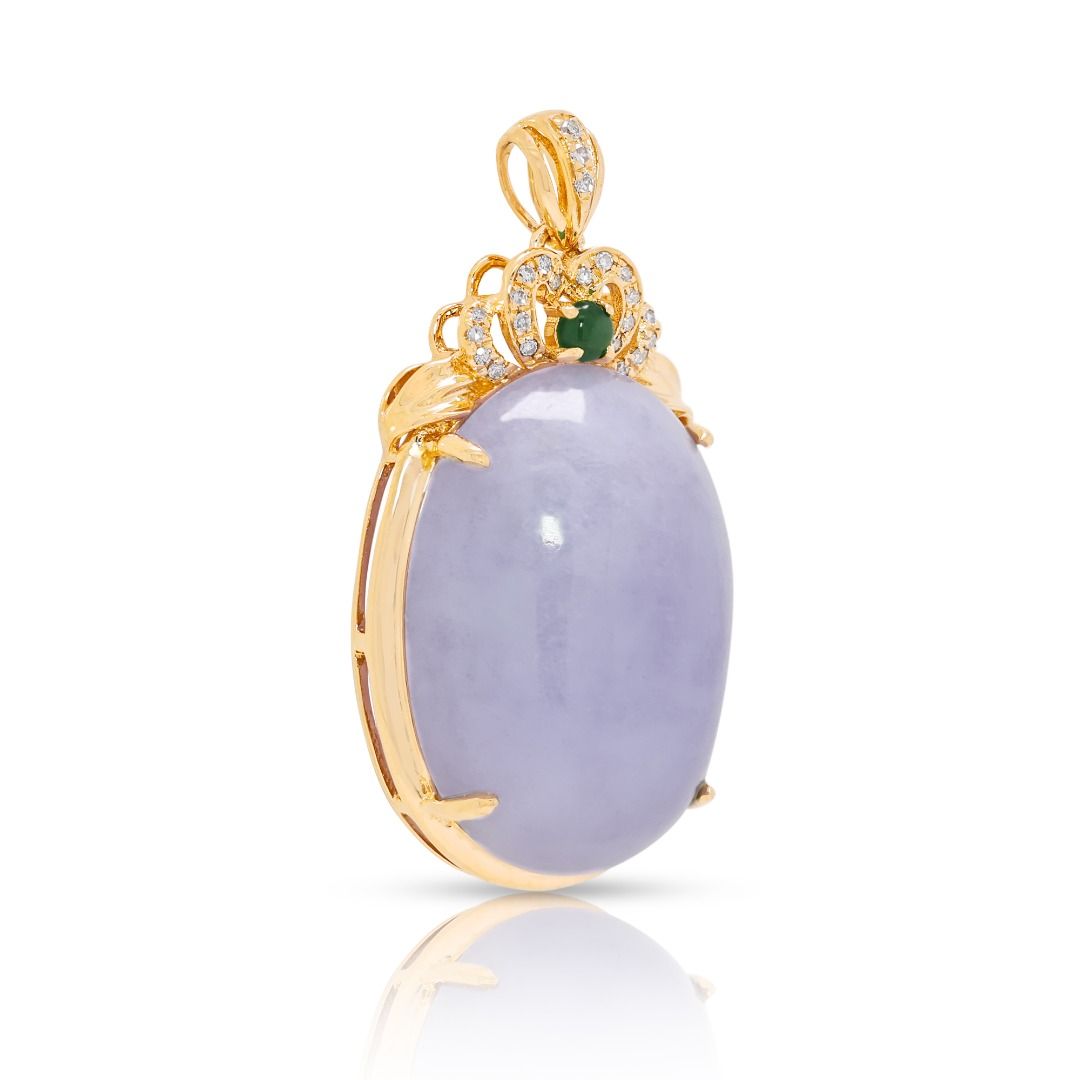 Majestic 26.98ct Natural Diamond and Cabochon Purple Jade Statement Pendant in 18k Yellow Gold