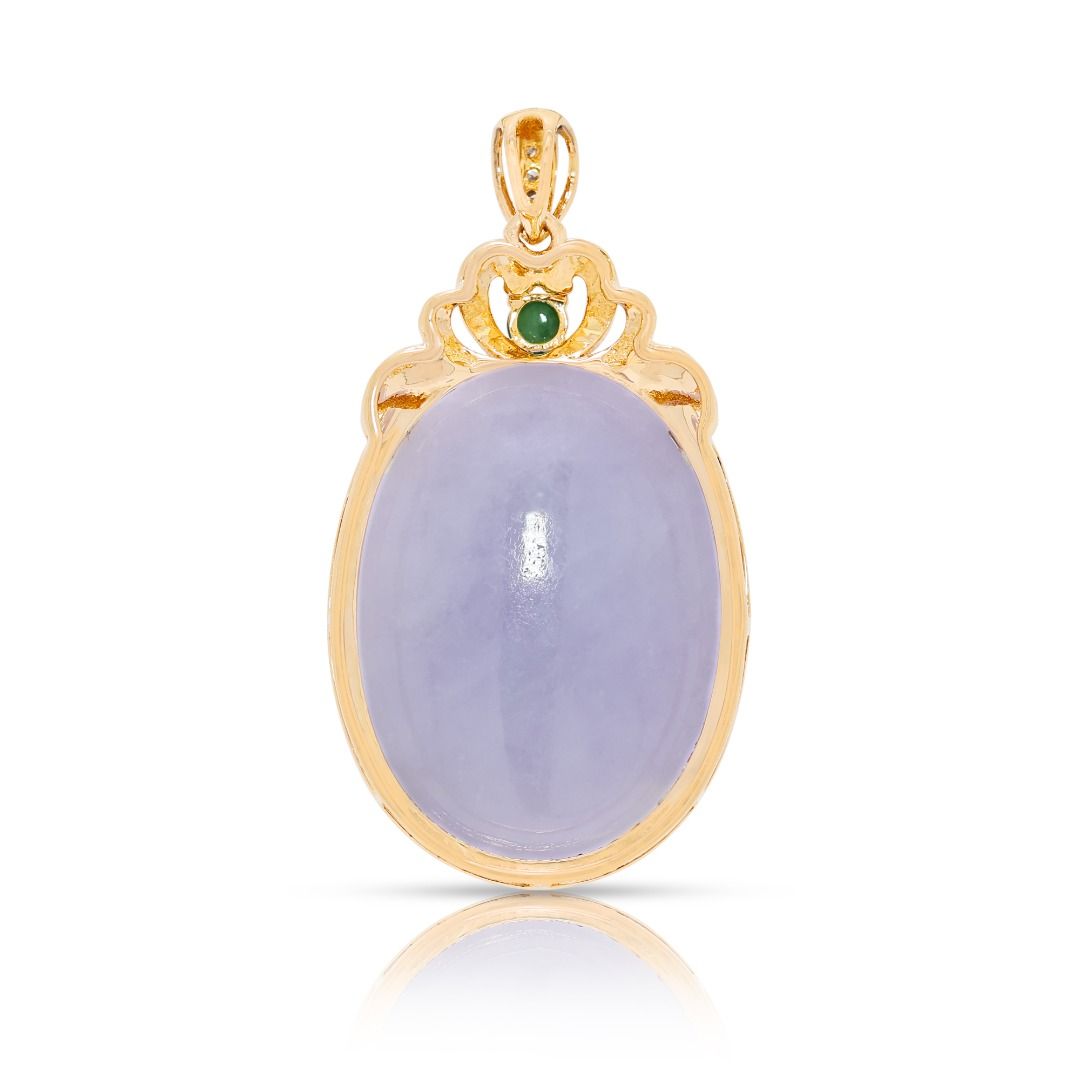 Majestic 26.98ct Natural Diamond and Cabochon Purple Jade Statement Pendant in 18k Yellow Gold
