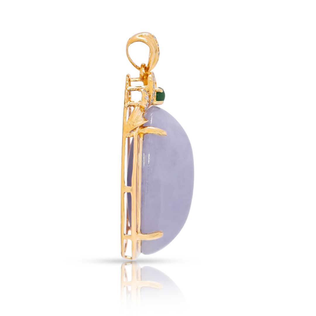 Majestic 26.98ct Natural Diamond and Cabochon Purple Jade Statement Pendant in 18k Yellow Gold