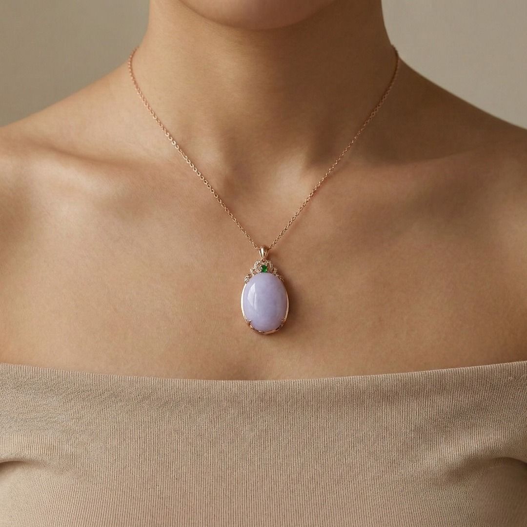 Majestic 26.98ct Natural Diamond and Cabochon Purple Jade Statement Pendant in 18k Yellow Gold