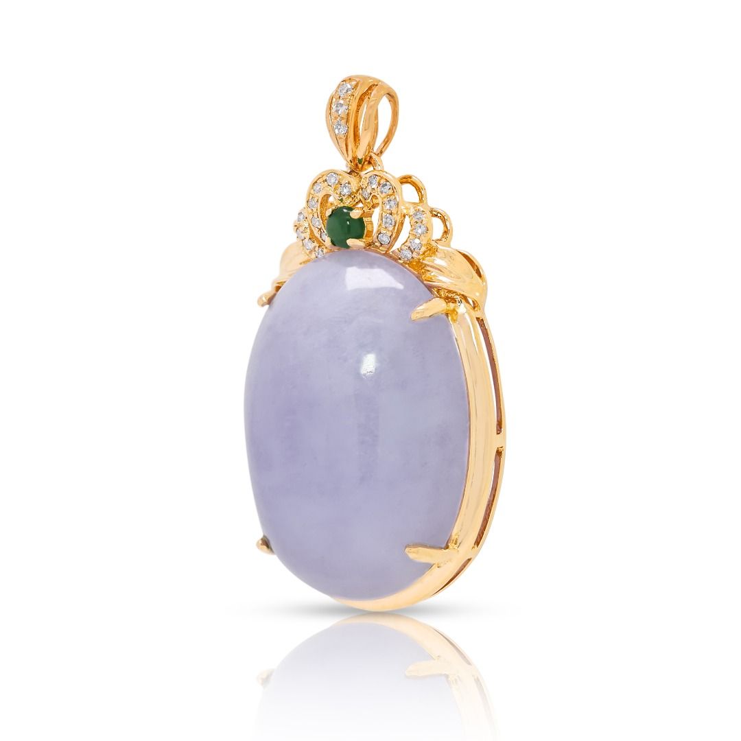 Majestic 26.98ct Natural Diamond and Cabochon Purple Jade Statement Pendant in 18k Yellow Gold