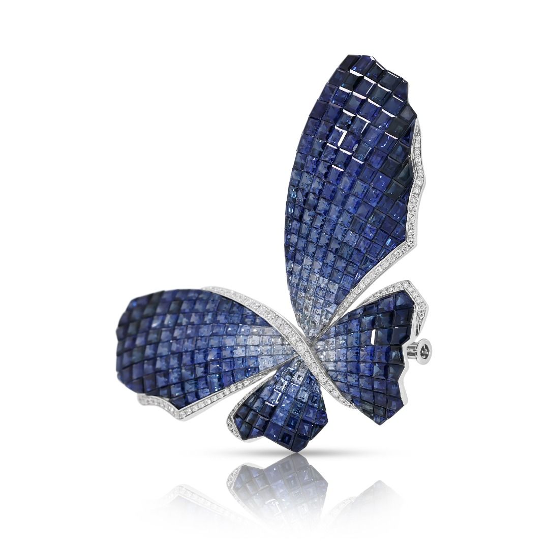 Majestic 39.18ct Invisible-Set Sapphire and Diamond Butterfly Brooch in 18K White Gold