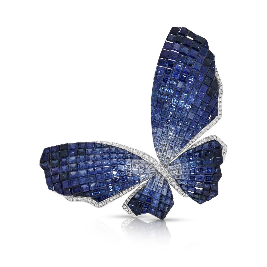 Majestic 39.18ct Invisible-Set Sapphire and Diamond Butterfly Brooch in 18K White Gold