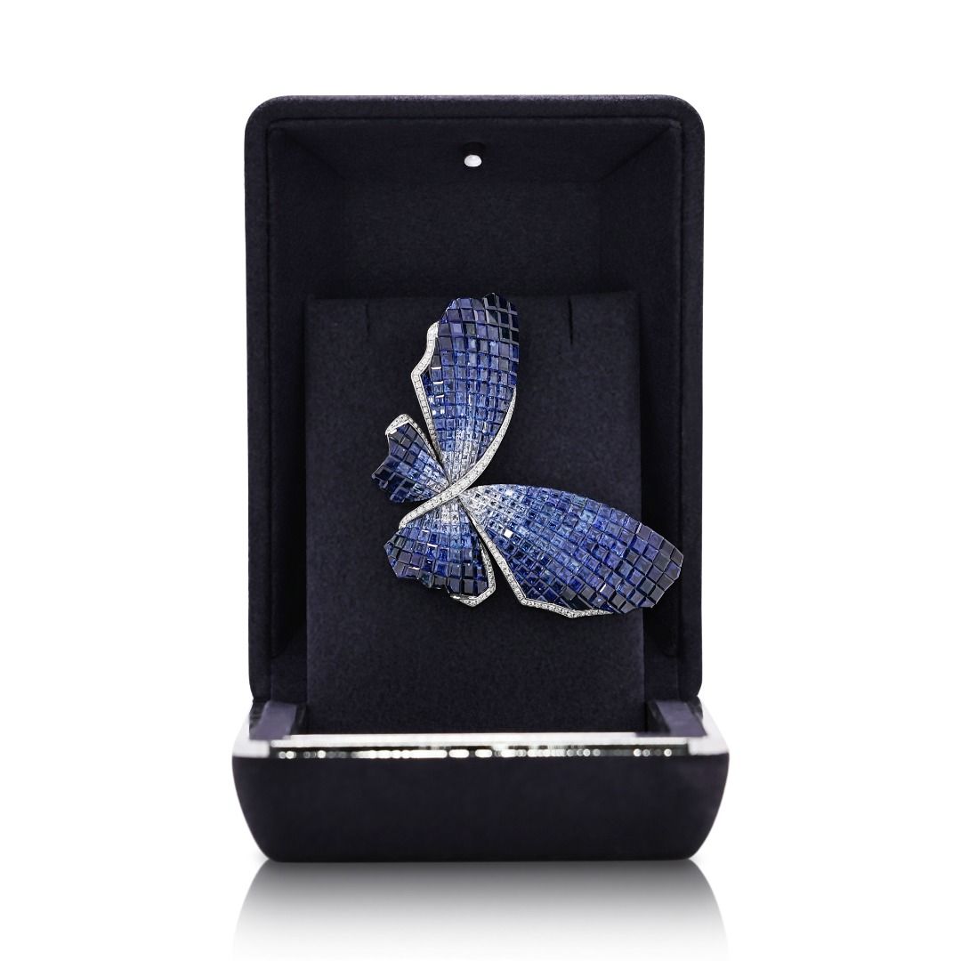 Majestic 39.18ct Invisible-Set Sapphire and Diamond Butterfly Brooch in 18K White Gold