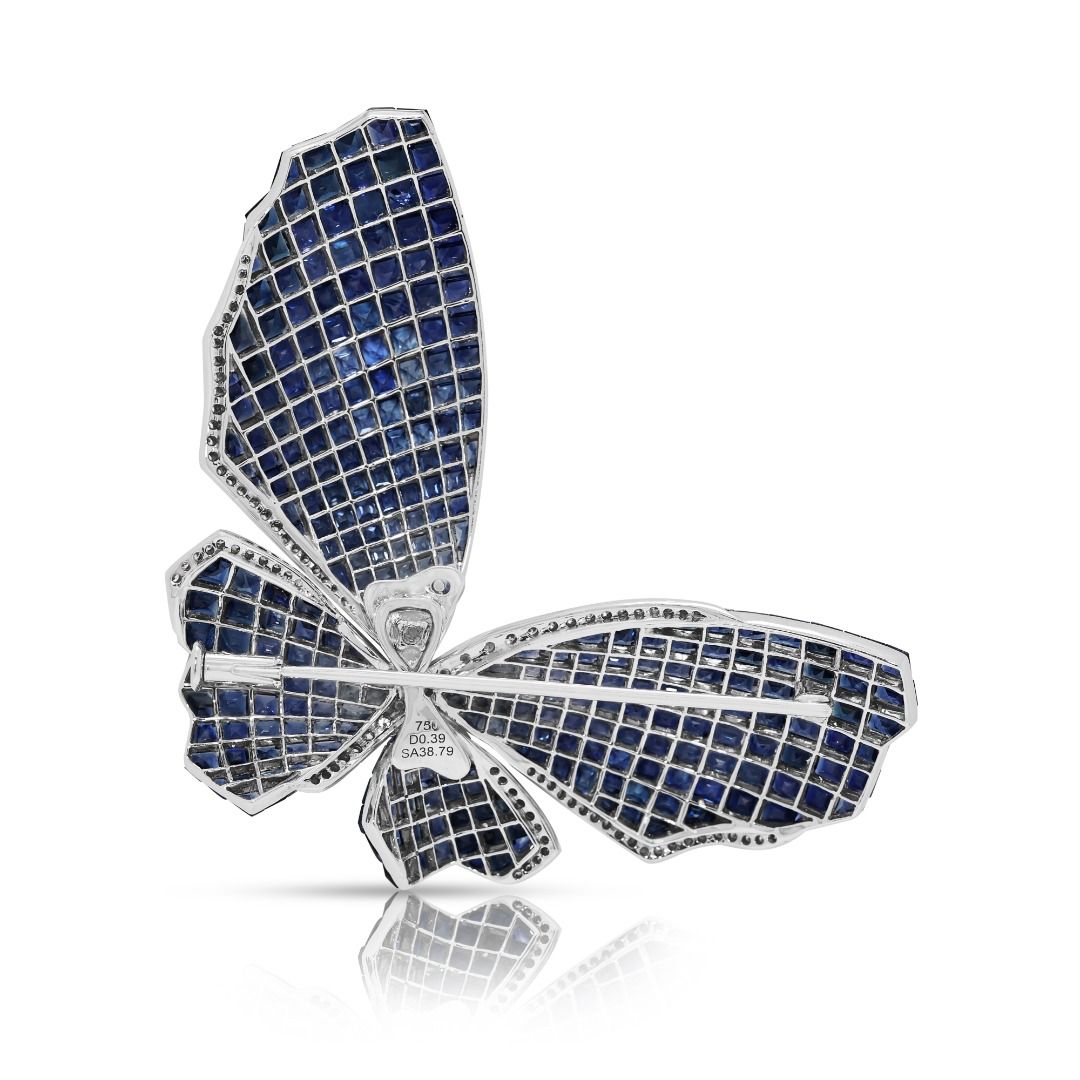Majestic 39.18ct Invisible-Set Sapphire and Diamond Butterfly Brooch in 18K White Gold