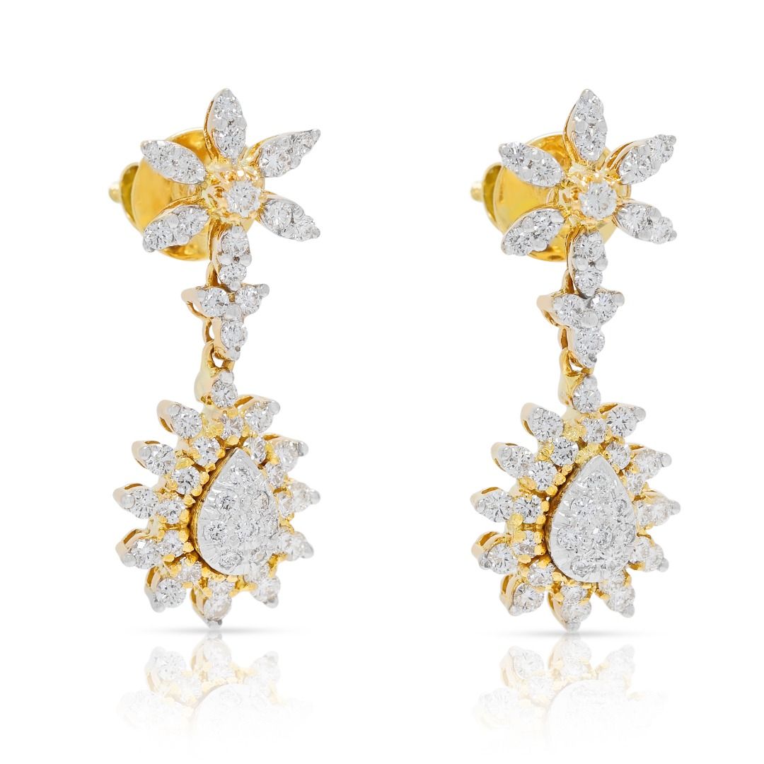 Mesmerizing 1.00ct Natural Diamond Floral Drop Earrings 18K Two-Tone Gold - IGI Certified