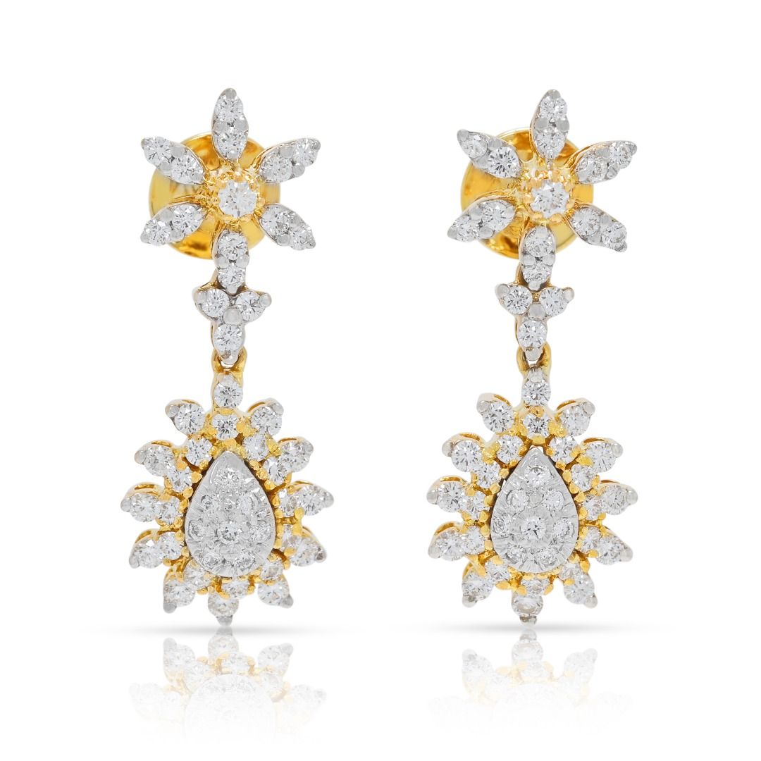 Mesmerizing 1.00ct Natural Diamond Floral Drop Earrings 18K Two-Tone Gold - IGI Certified